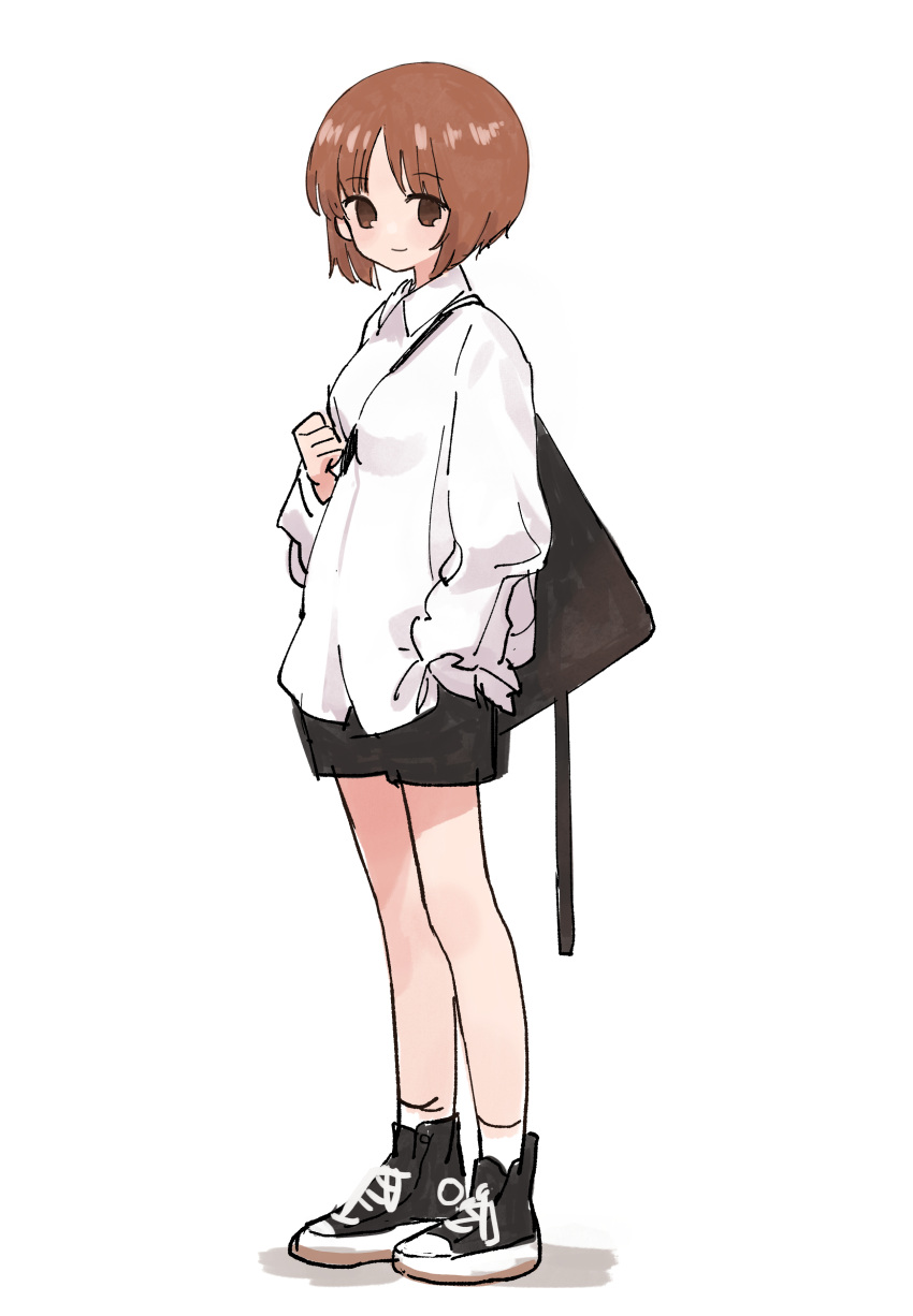 1girl absurdres alternate_costume bag between_breasts black_footwear black_shorts breasts brown_eyes brown_hair collared_shirt commentary_request girls_und_panzer highres hood hoodie long_sleeves looking_at_viewer nishizumi_miho oshiri_seijin shirt shoes short_hair shorts smile sneakers strap_between_breasts white_background white_hoodie
