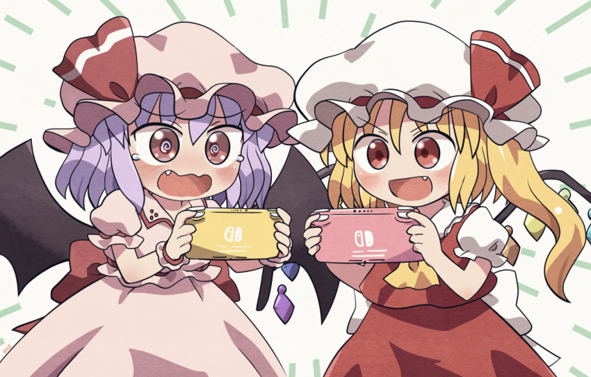 2girls :d @_@ ascot bat_wings blonde_hair controller crystal fang flandre_scarlet game_controller hat hat_ribbon holding holding_controller holding_game_controller mob_cap multiple_girls nintendo_switch one_side_up open_mouth pink_headwear pink_shirt pink_skirt playing_games purple_hair red_eyes red_ribbon red_skirt red_vest remilia_scarlet ribbon rokugou_daisuke shirt short_sleeves siblings sisters skirt smile tears touhou v-shaped_eyebrows vest white_background white_headwear white_shirt wings yellow_ascot