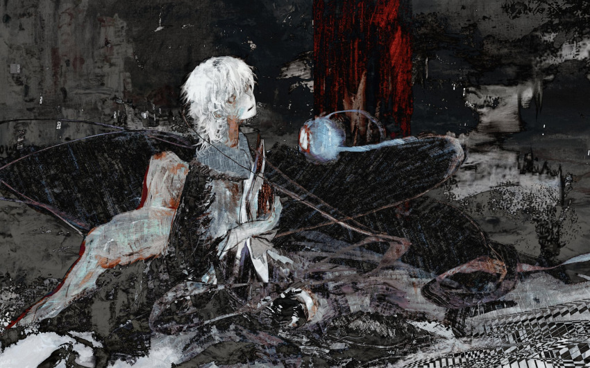 1girl abstract bangs commentary empty_eyes hat hat_removed headwear_removed highres holding holding_clothes holding_hat koishi_day komeiji_koishi medium_hair open_mouth pale_skin shirt sitting solo teeth third_eye touhou white_hair xbsx