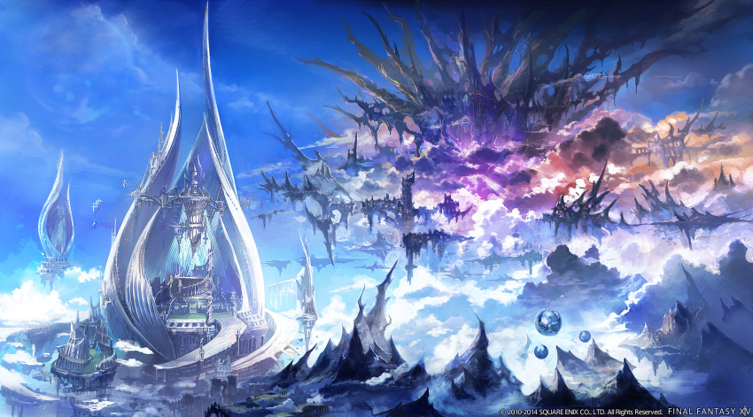 arcade_(architecture) artist_request blue_sky building clouds column copyright copyright_name day fantasy final_fantasy final_fantasy_xiv floating floating_island floating_object highres in-universe_location mountain no_humans official_art outdoors pillar scenery sky tower
