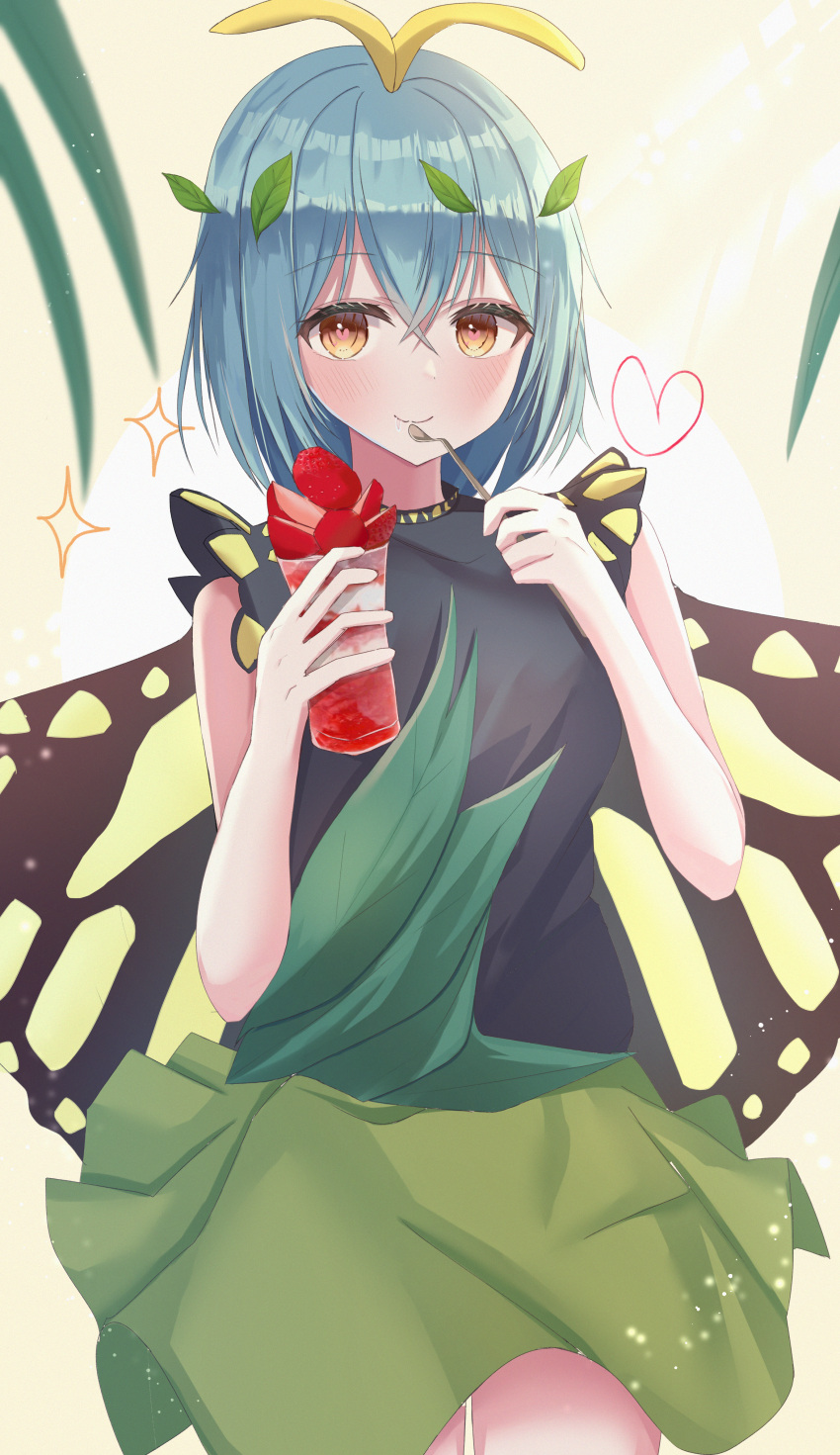 1girl absurdres antennae aohane aqua_hair blush butterfly_wings closed_mouth cowboy_shot dress eternity_larva fairy green_dress hair_between_eyes heart highres holding holding_spoon leaf leaf_on_head multicolored_clothes multicolored_dress orange_eyes parfait short_hair short_sleeves smile solo sparkle spoon touhou wings