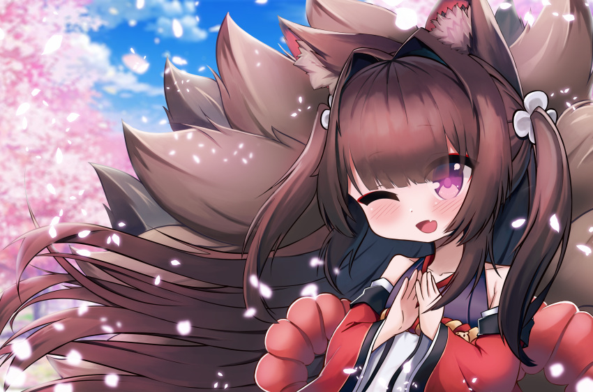 1girl ;d amagi-chan_(azur_lane) animal_ears azur_lane bangs blue_sky blunt_bangs blush brown_hair cherry_blossoms clouds cloudy_sky commentary_request eyes_visible_through_hair eyeshadow fox_ears fox_girl fox_tail hair_ornament highres inkyubeiteo japanese_clothes kyuubi long_hair looking_at_viewer makeup multiple_tails one_eye_closed petals rope shimenawa sidelocks sky smile solo tail twintails violet_eyes wide_sleeves wind