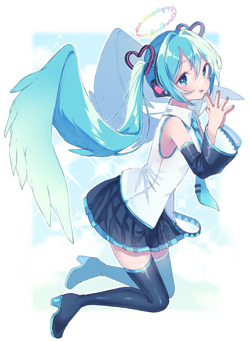 1girl absurdres bangs belt blue_eyes blue_hair blush boots collared_shirt detached_sleeves floating_hair hair_ornament hair_wings halo hands_up hatsune_miku hatsune_miku_(vocaloid3) headphones heart heart_hair_ornament heart_in_eye high_heel_boots high_heels highres lace_sleeves long_hair long_sleeves looking_at_viewer musical_note nail_polish necktie open_mouth own_hands_together paya_(alunair) pleated_skirt rainbow_halo shirt skirt sky sleeveless sleeveless_shirt smile solo sparkle steepled_fingers symbol_in_eye thigh_boots tie_clip twintails very_long_hair vocaloid wings