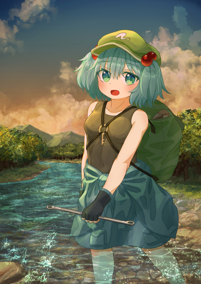 1girl absurdres backpack bag blue_hair caustics clouds cloudy_sky ekaapetto gloves green_headwear hair_bobbles hair_ornament hat highres kawashiro_nitori key mountain open_mouth river skirt sky solo sunset touhou two_side_up wading water