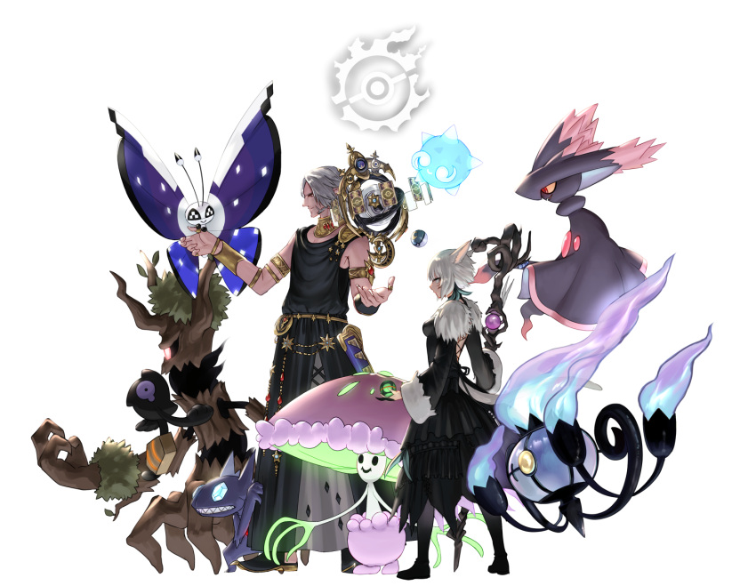 1boy 1girl animal_ears armlet astrologian_(final_fantasy) back_cutout bangs black_dress black_footwear blue_eyes boots cat_ears cat_girl cat_tail chandelure clothing_cutout collar commentary crossover dress elezen elf facial_mark feather_hair_ornament feathers final_fantasy final_fantasy_xiv floating floating_object floating_weapon flying from_side full_body fur-trimmed_dress fur_trim grey_hair hair_ornament highres holding holding_poke_ball holding_staff jewelry legs_apart long_sleeves looking_ahead metal_collar minior minior_(blue_core) minior_(core) miqo'te mismagius on_finger outstretched_arms pointy_ears poke_ball pokemon pokemon_(creature) potion_lilac profile ring sableye shiinotic shoes short_hair sideburns simple_background sleeveless sleeveless_dress smile staff standing tail thigh_boots trevenant urianger_augurelt vivillon vivillon_(polar) white_background white_hair y'shtola_rhul yamask