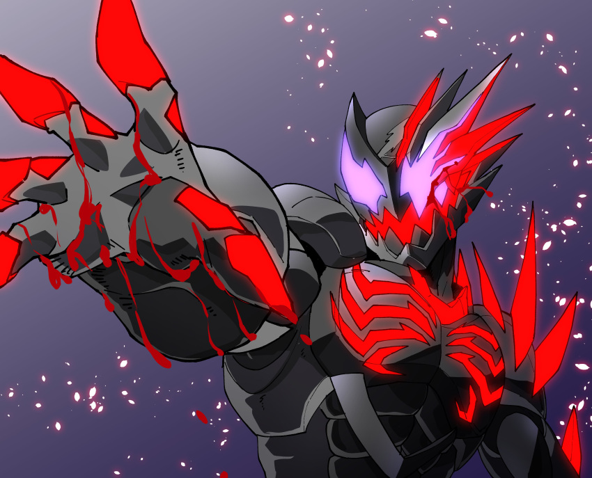 1boy absurdres amakawa_mayu armor asymmetrical_armor black_armor blood blood_on_hands crimson_vail demon demon_boy glowing glowing_armor glowing_eyes highres kamen_rider kamen_rider_revice open_mouth outstretched_arms sharp_teeth solo splatter teeth upper_body vail_(kamen_rider_revice) violet_eyes zombie_pose