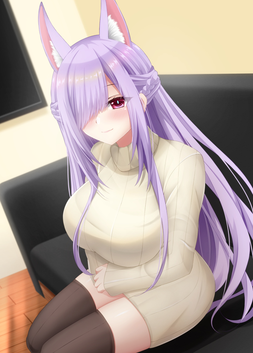 1girl animal_ears black_thighhighs blush braid breasts closed_mouth couch cowboy_shot fox_ears fox_girl french_braid hair_over_one_eye highres indoors kamishiro_natsume large_breasts light_blush long_hair looking_at_viewer melty+ momijizuki_luna purple_hair red_eyes ribbed_sweater shiny shiny_hair shiny_skin sitting smile solo sweater thigh-highs turtleneck turtleneck_sweater very_long_hair virtual_youtuber