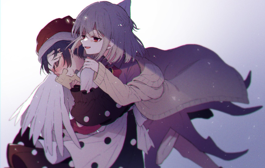 2girls bangs black_capelet blue_hair blush bow bowtie braid capelet cardigan commentary_request covering_another's_eyes doremy_sweet dress french_braid grey_hair hat highres kishin_sagume long_sleeves multiple_girls nightcap open_cardigan open_clothes open_mouth pom_pom_(clothes) purple_dress red_bow red_bowtie red_eyes red_headwear short_hair single_wing touhou touya_(konpekitou) wings