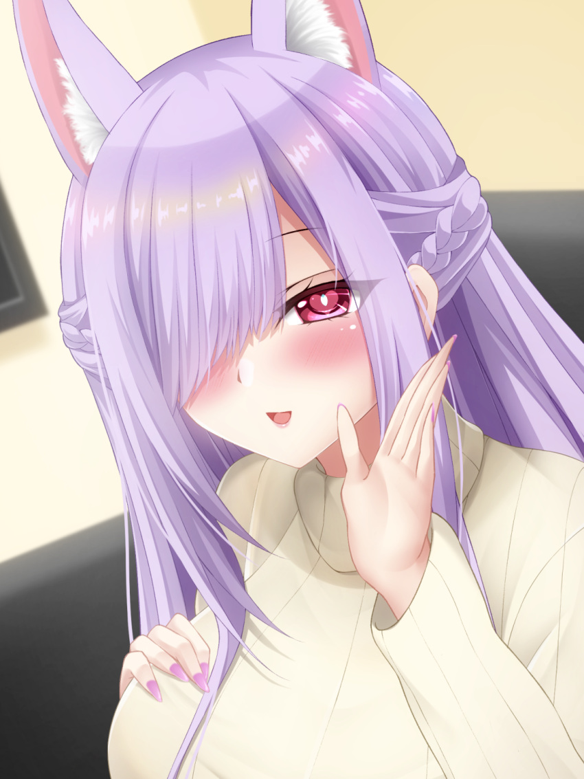 1girl :d animal_ears blush braid breasts couch fox_ears fox_girl french_braid hair_over_one_eye hand_on_own_chest heart heart-shaped_pupils highres indoors kamishiro_natsume large_breasts long_hair looking_at_viewer melty+ momijizuki_luna open_mouth purple_hair purple_nails red_eyes ribbed_sweater shiny shiny_hair shiny_skin smile solo sweater symbol-shaped_pupils talking turtleneck turtleneck_sweater upper_body very_long_hair virtual_youtuber whispering