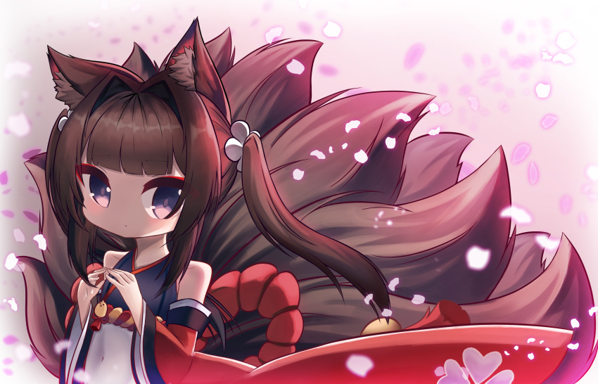 1girl absurdres amagi-chan_(azur_lane) animal_ears azur_lane bangs blunt_bangs brown_hair cameo commentary_request eyeshadow fox_ears fox_girl fox_tail hair_ornament highres inkyubeiteo japanese_clothes kyuubi long_hair long_sleeves looking_at_viewer makeup manjuu_(azur_lane) multiple_tails petals rope shimenawa sidelocks simple_background solo tail twintails violet_eyes wide_sleeves wind