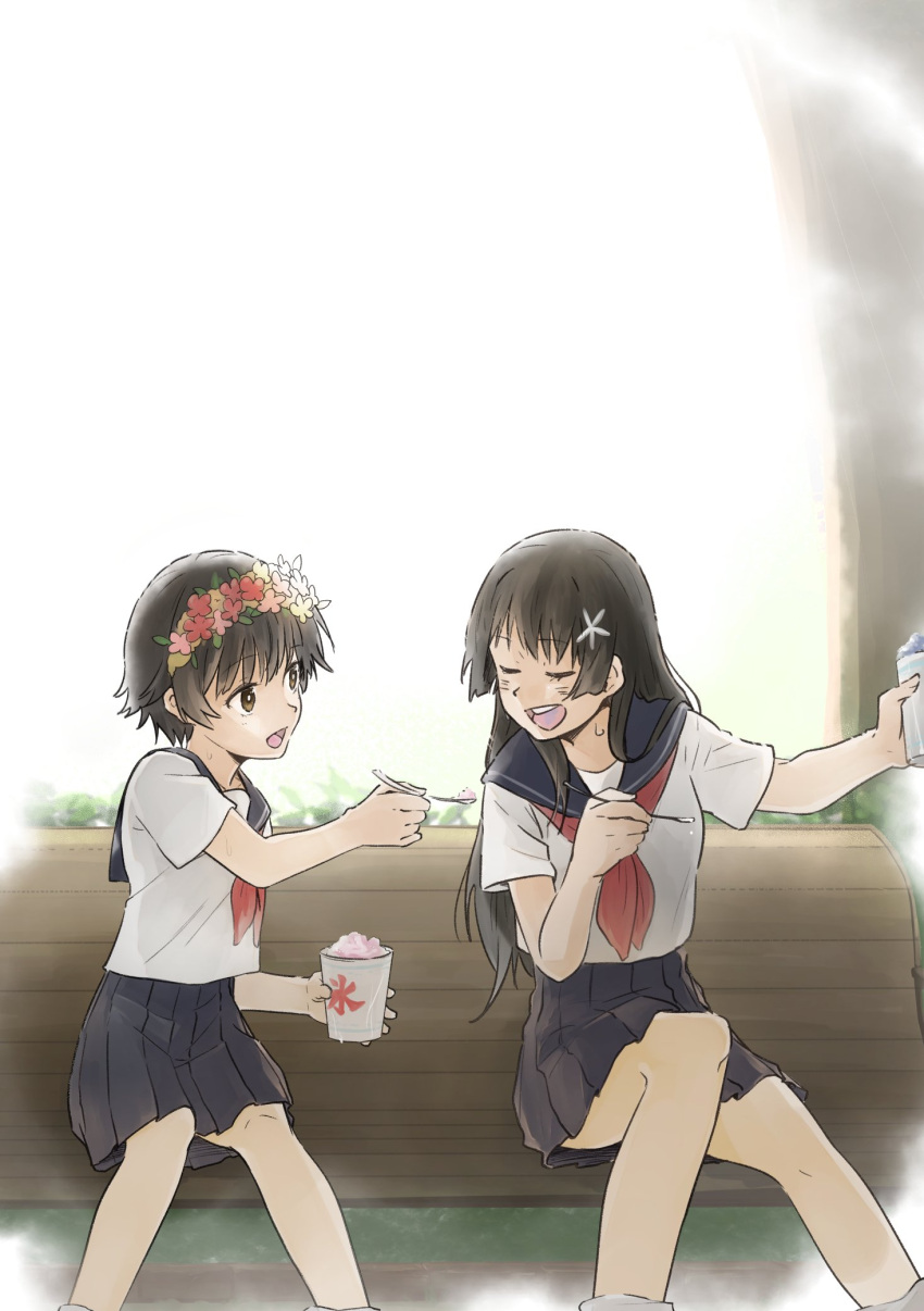 2girls bench black_hair blue_sailor_collar blue_skirt brown_eyes closed_eyes feeding feet_out_of_frame hair_flaps head_wreath highres long_hair multiple_girls pleated_skirt sailor_collar sakugawa_school_uniform saten_ruiko school_uniform serafuku shaved_ice short_hair skirt toaru_kagaku_no_railgun toaru_majutsu_no_index uiharu_kazari yuuki_(qgbugtbhbxn5ts9)