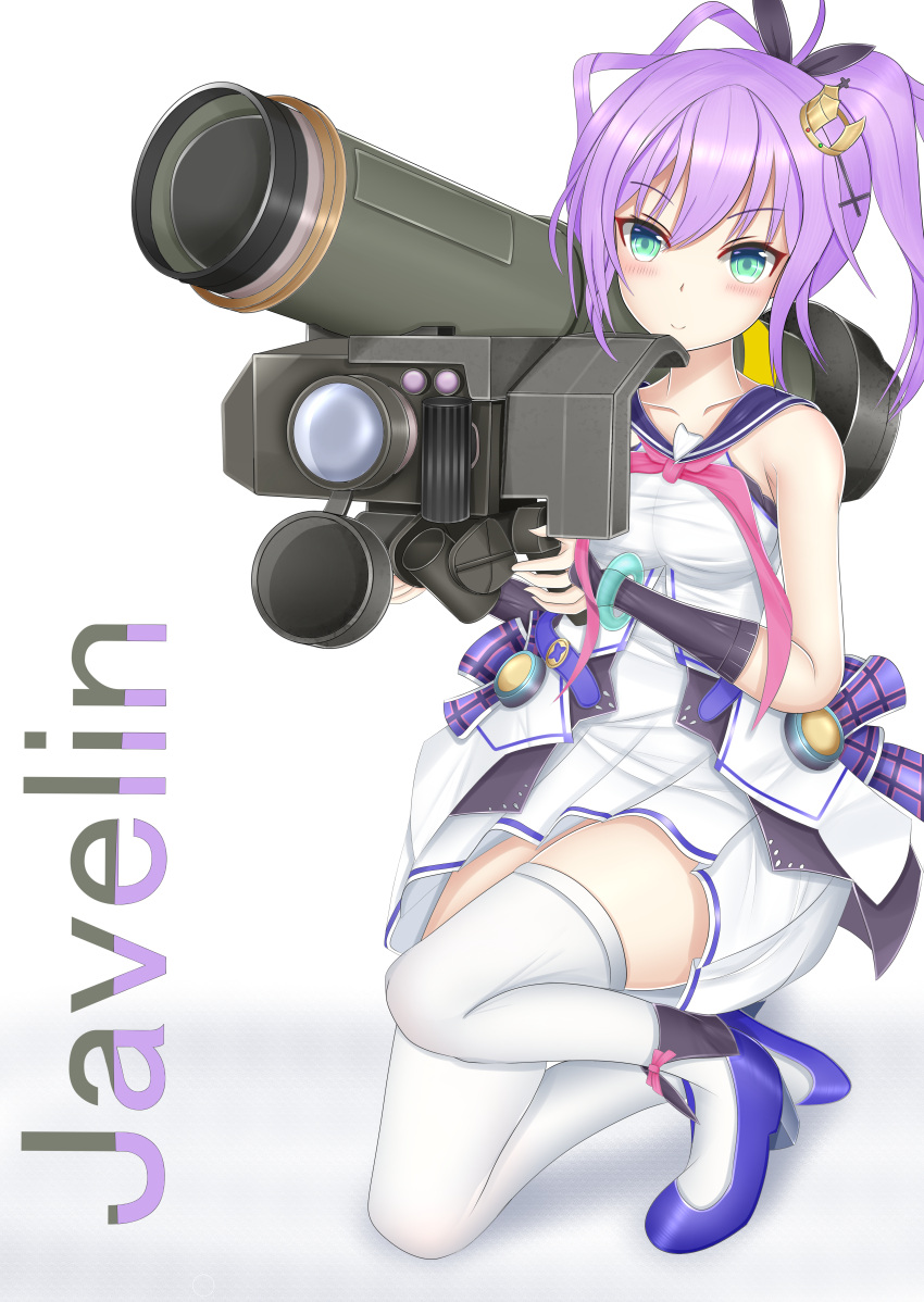 1girl absurdres aqua_eyes azur_lane blouse bracelet camisole character_name commentary_request cross_hair_ornament crown dress fgm-148_javelin genius_1237to gloves green_eyes hair_ornament high_ponytail highres holding_rocket_launcher javelin_(azur_lane) jewelry medium_hair namesake object_namesake ponytail purple_hair purple_ribbon retrofit_(azur_lane) ribbon rocket_launcher sailor_collar shirt simple_background single_glove solo strappy_heels thigh-highs weapon white_background white_camisole white_dress white_thighhighs wide_ponytail
