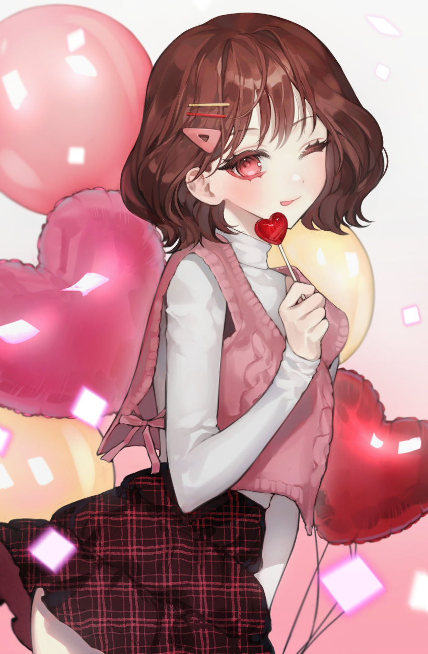 1girl absurdres balloon bamme_o3o blurry blurry_foreground blush brown_hair candy confetti eyelashes food gradient gradient_background hair_ornament hairclip heart heart_balloon highres holding holding_candy holding_food holding_lollipop lollipop long_eyelashes looking_at_viewer one_eye_closed original pink_eyes pink_ribbon plaid plaid_skirt ribbon short_hair skirt sleeves_past_wrists smile solo tongue tongue_out triangle_hair_ornament turtleneck