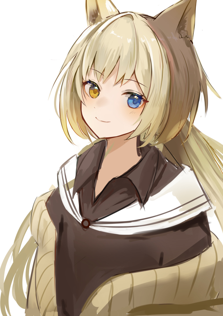 1girl animal_ears arknights azuazu_0405 blonde_hair blue_eyes cardigan cat_ears cat_girl collared_shirt heterochromia highres light_blush long_hair looking_at_viewer nightmare_(arknights) off_shoulder open_cardigan open_clothes shirt simple_background smile solo upper_body white_background yellow_cardigan yellow_eyes
