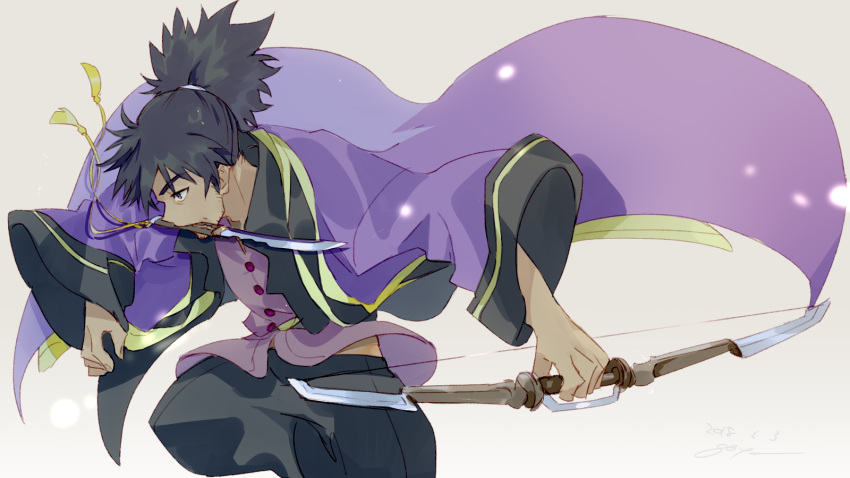 1boy black_hair blue_eyes bow_(weapon) coat goya_(xalbino) highres knife knife_in_mouth long_hair male_focus ponytail purple_shirt raven_(tales) shirt solo tales_of_(series) tales_of_vesperia weapon weapon_in_mouth