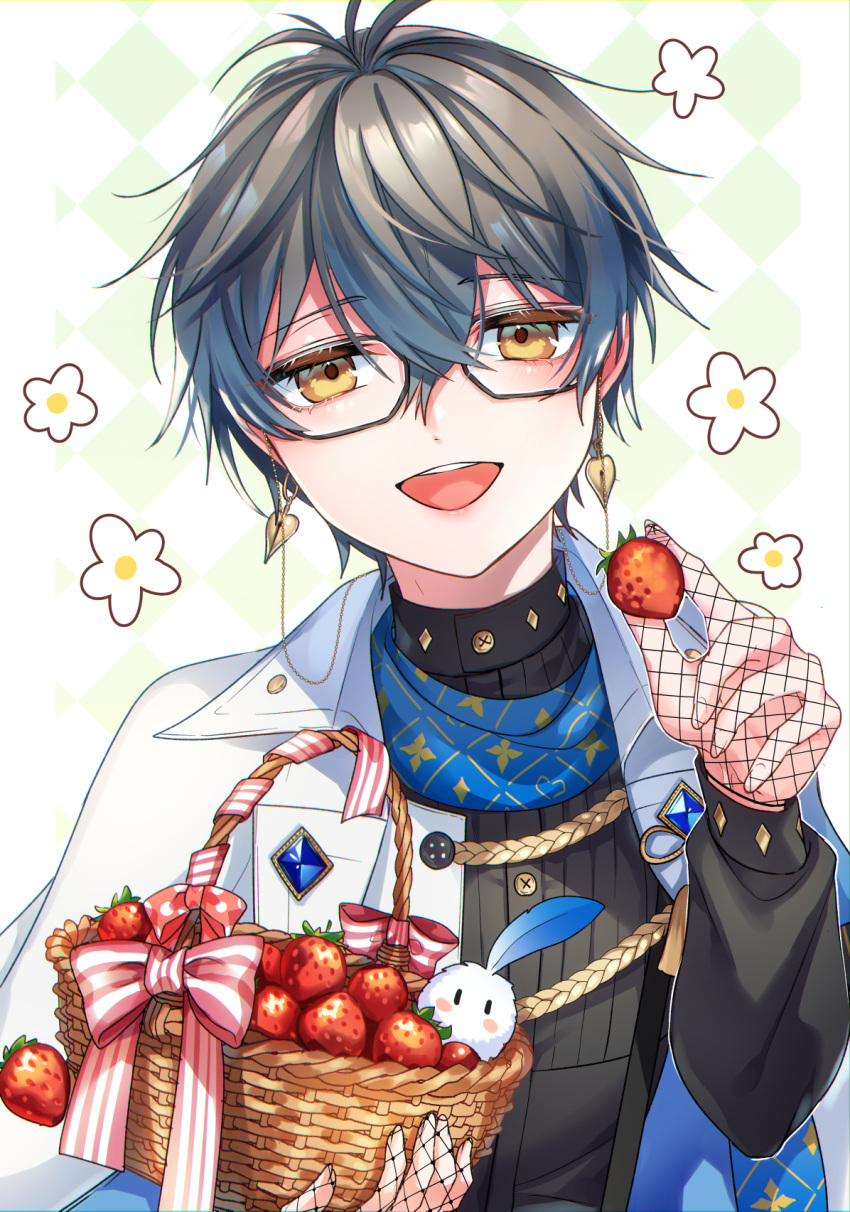 1boy black_shirt black_sweater blue_hair bow bowtie earrings food fruit glasses grey_hair highres holding ike_eveland jacket jewelry kokuchuutei long_sleeves male_focus multicolored_hair nijisanji nijisanji_en open_mouth shirt short_hair smile strawberry sweater transparent_background virtual_youtuber white_jacket yellow_eyes