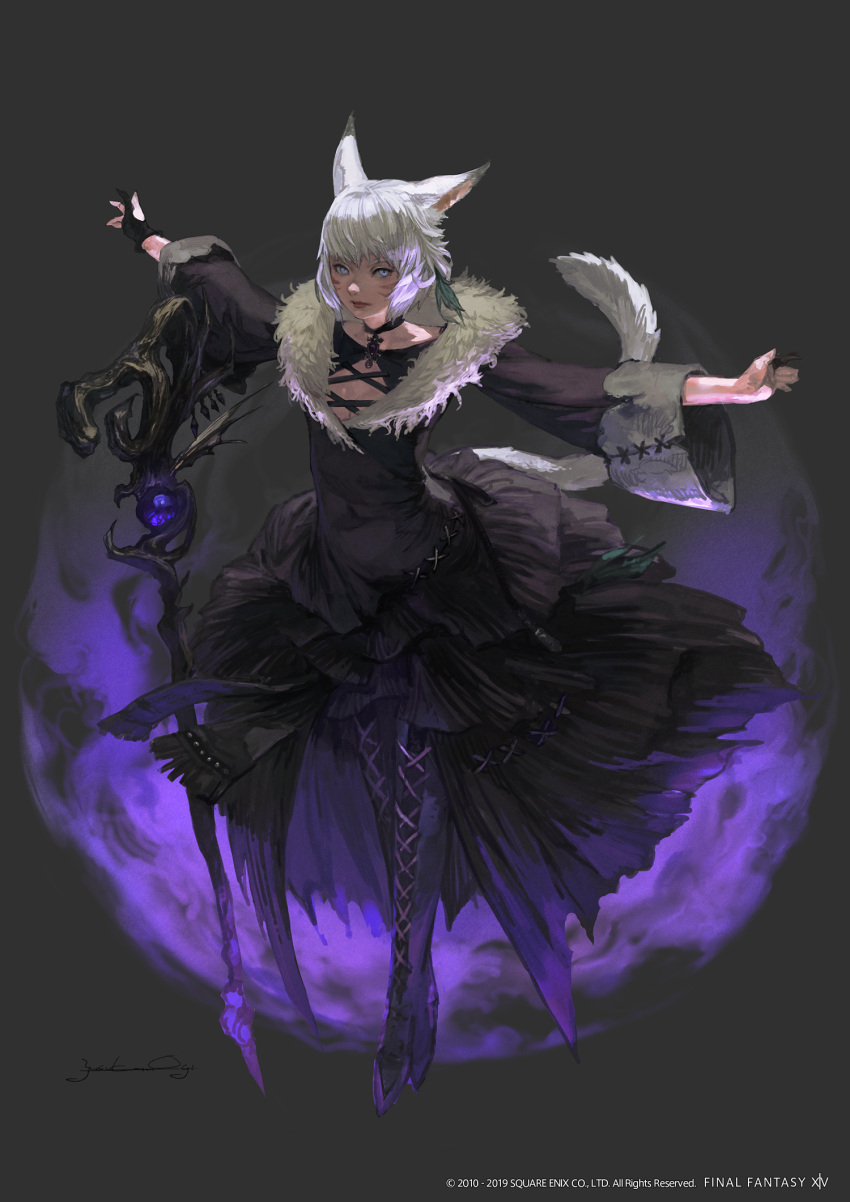 1girl animal_ears bangs black_choker black_dress black_footwear black_gloves blue_eyes boots cat_ears cat_girl cat_tail choker claw_ring copyright copyright_name cross-laced_footwear dress facial_mark feather_hair_ornament feathers final_fantasy final_fantasy_xiv fingerless_gloves fire floating floating_object floating_weapon from_side full_body fur-trimmed_dress fur_trim gloves grey_background hair_ornament highres lace-up_boots layered_dress long_sleeves looking_at_viewer miqo'te mogi_yuusuke official_art outstretched_arms pendant_choker purple_fire short_hair signature simple_background single_fingerless_glove solo spread_arms staff standing tail thigh_boots tiptoes v-shaped_eyebrows white_hair wide_sleeves y'shtola_rhul