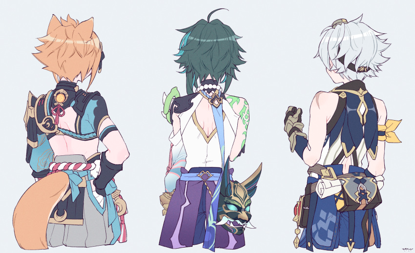 3boys ahoge animal_ears aqua_hair arm_tattoo armor back_cutout bag bead_necklace beads bennett_(genshin_impact) black_gloves black_hair clenched_hand clothing_cutout cropped_legs crossed_arms dog_boy dog_ears dog_tail from_behind genshin_impact gloves goggles goggles_on_head gorou_(genshin_impact) grey_background grey_hair hair_ornament hand_on_hip highres homare_(g_hmr88) japanese_armor japanese_clothes jewelry male_focus mask multicolored_hair multiple_boys necklace orange_hair scar scar_on_arm signature simple_background tail tassel tattoo vision_(genshin_impact) xiao_(genshin_impact)