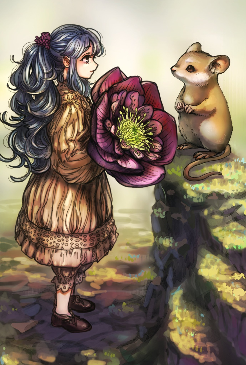 1girl animal black_hair brown_eyes brown_footwear closed_mouth commentary_request ethanol80per flower full_body highres holding long_hair long_sleeves looking_at_another original outdoors pointy_nose ponytail puffy_sleeves rodent scrunchie shadow solo standing