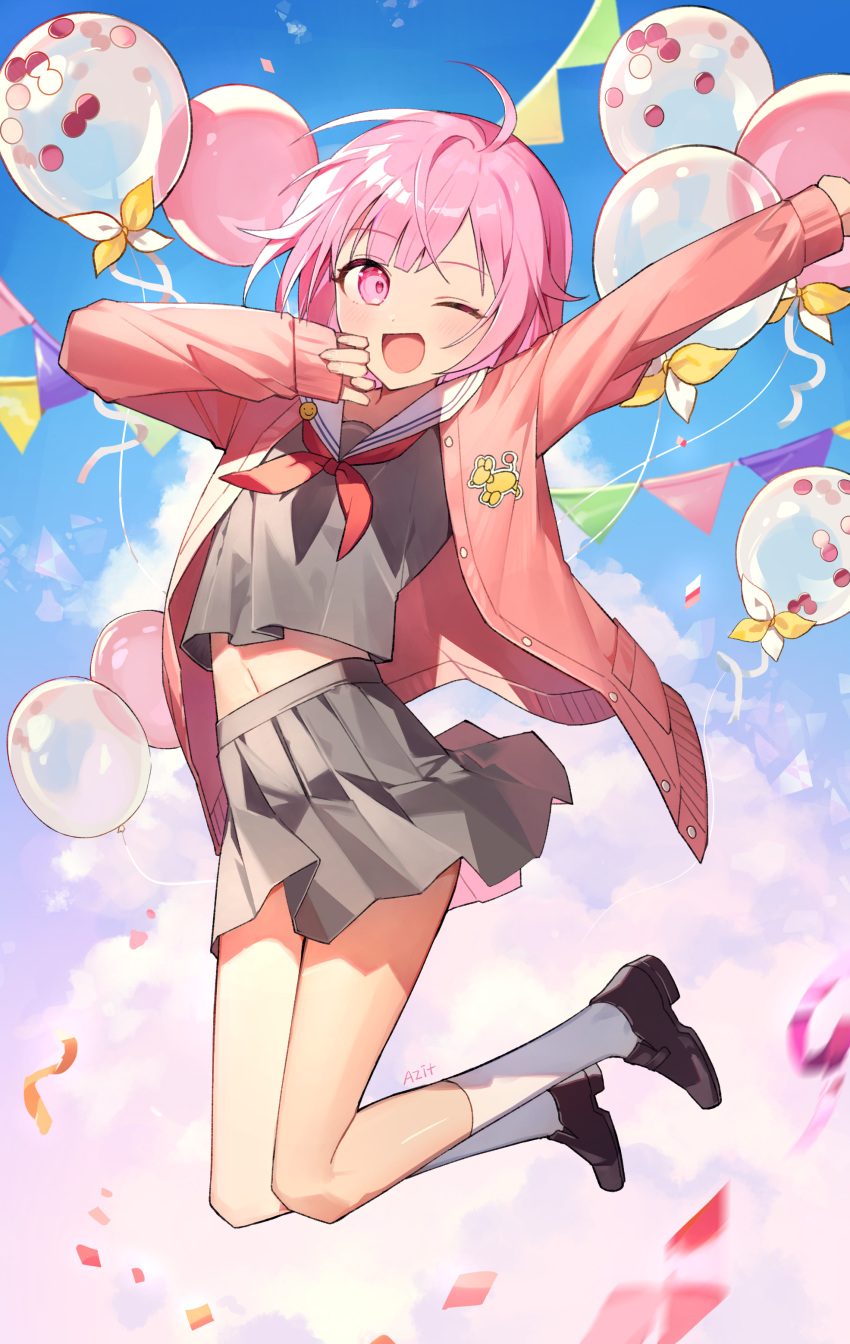 1girl ;d absurdres ahoge azit_(down) balloon blue_sky cardigan clouds cloudy_sky commentary_request confetti day grey_serafuku grey_shirt grey_skirt highres looking_at_viewer neckerchief one_eye_closed ootori_emu open_cardigan open_clothes outdoors outstretched_arm pink_cardigan pink_eyes pink_hair pleated_skirt project_sekai red_neckerchief sailor_collar school_uniform serafuku shirt skirt sky smile solo white_sailor_collar