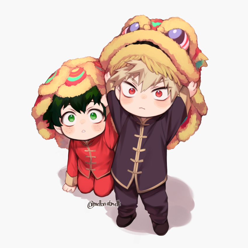 2boys :&lt; bakugou_katsuki blonde_hair blush_stickers boku_no_hero_academia chestnut_mouth chibi chinese_clothes chinese_new_year commentary freckles furrowed_brow green_eyes green_hair hair_between_eyes hand_on_headwear highres kneeling lion_dance looking_at_viewer male_focus meltnotmelt midoriya_izuku multiple_boys red_eyes shadow short_hair simple_background spiky_hair twitter_username v-shaped_eyebrows white_background