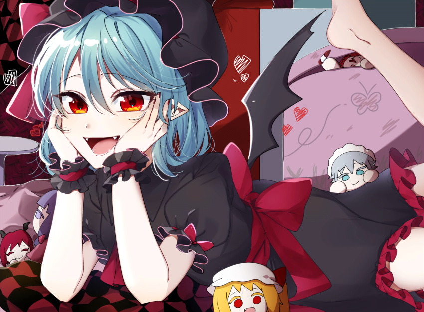 :d back_bow bat_wings black_dress black_headwear black_wings blonde_hair blue_eyes blue_hair bow character_doll commentary_request dress eringi_(rmrafrn) flandre_scarlet frilled_dress frills grey_hair hands_up hat heart highres hong_meiling izayoi_sakuya koakuma leg_up looking_at_viewer lying mob_cap on_stomach patchouli_knowledge pointy_ears puffy_short_sleeves puffy_sleeves purple_hair red_bow red_eyes redhead remilia_scarlet short_sleeves smile table touhou violet_eyes wings wrist_cuffs