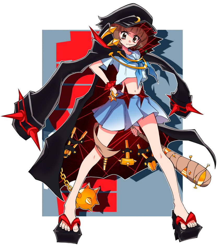 1girl absurdres ball_and_chain_(weapon) black_coat black_headwear blue_serafuku bob_cut brown_hair club_(weapon) coat coat_on_shoulders crescent crescent_hat_ornament hat hat_ornament highres holding holding_weapon kekel kill_la_kill mankanshoku_mako mouth_hold open_clothes open_coat sailor_collar school_uniform serafuku short_hair solo stalk_in_mouth weapon