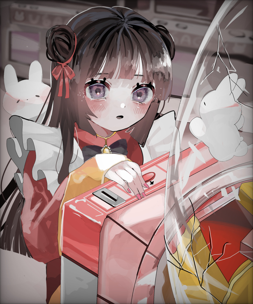 1girl absurdres bangs blunt_bangs blurry blurry_background blush broken_glass brown_hair coin_slot commentary_request double_bun dress english_commentary eyelashes glass hair_bun hair_ribbon hanataro_(sruvhqkehy1zied) hand_up highres jewelry long_hair long_sleeves looking_at_animal mixed-language_commentary necklace open_mouth original parted_lips pendant pink_nails rabbit red_dress red_ribbon ribbon sleeves_past_wrists solo upper_body violet_eyes