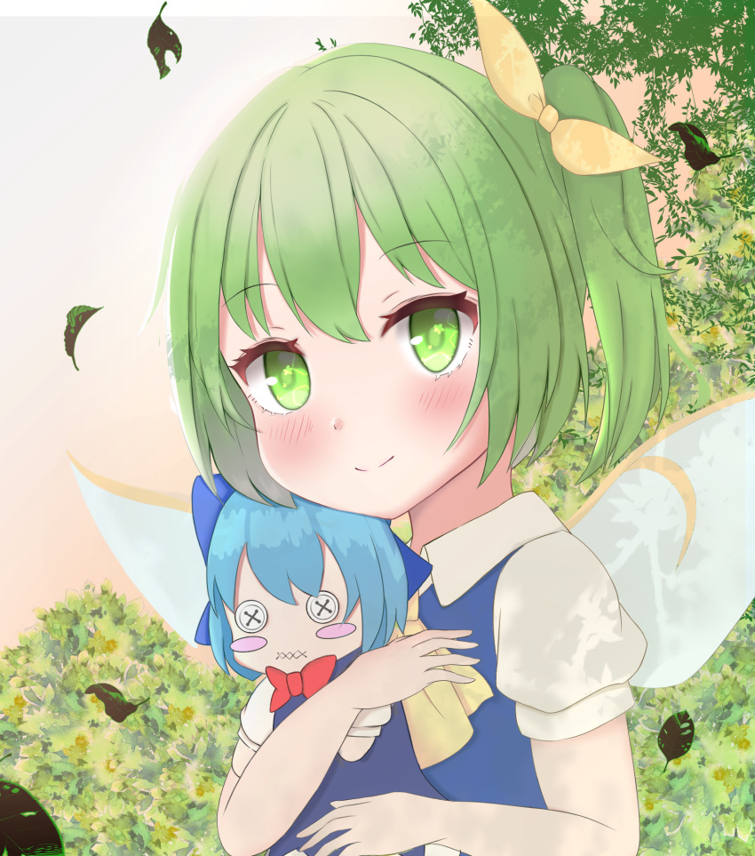 1girl bangs blue_dress blush blush_stickers button_eyes character_doll cirno collared_shirt commentary_request daiyousei don_(tiruchoco41) dress fairy_wings falling_leaves green_eyes green_hair grey_wings hair_between_eyes hair_ribbon highres leaf looking_at_viewer object_hug one_side_up puffy_short_sleeves puffy_sleeves ribbon shirt short_sleeves sleeveless sleeveless_dress solo touhou transparent_wings upper_body white_shirt wings yellow_ribbon