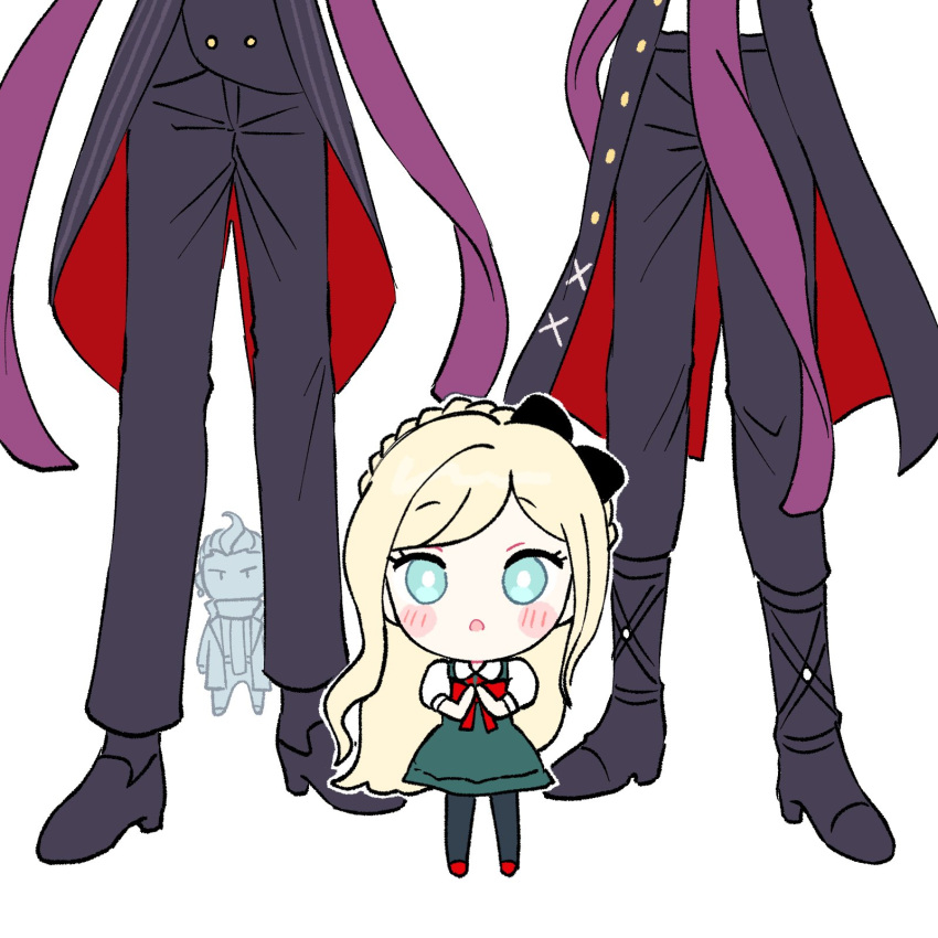 1girl 3boys :o ahoge bangs black_bow black_jacket black_pants black_pantyhose blonde_hair blush bow bowtie buttons chibi danganronpa_(series) danganronpa_10th_anniversary_costume danganronpa_2:_goodbye_despair double-breasted dress dudeoji_(dotheg_ansoni) earrings green_dress green_eyes hair_bow height_difference highres jacket jewelry long_hair multiple_boys multiple_persona open_mouth own_hands_together pants pantyhose purple_scarf red_bow red_bowtie red_footwear scarf sonia_nevermind striped striped_jacket tanaka_gandamu