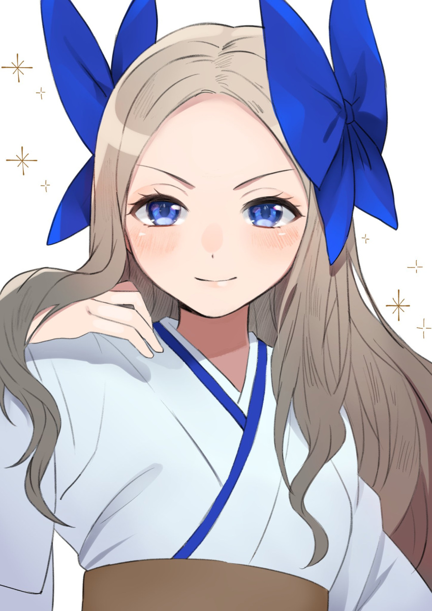 1girl asakaze_(kancolle) blue_bow blue_eyes blush bow brown_hair forehead hair_bow hand_in_own_hair highres japanese_clothes kantai_collection long_hair looking_at_viewer meiji_schoolgirl_uniform simple_background smile solo sparkle toriniku_senshi_chikinman upper_body wavy_hair white_background