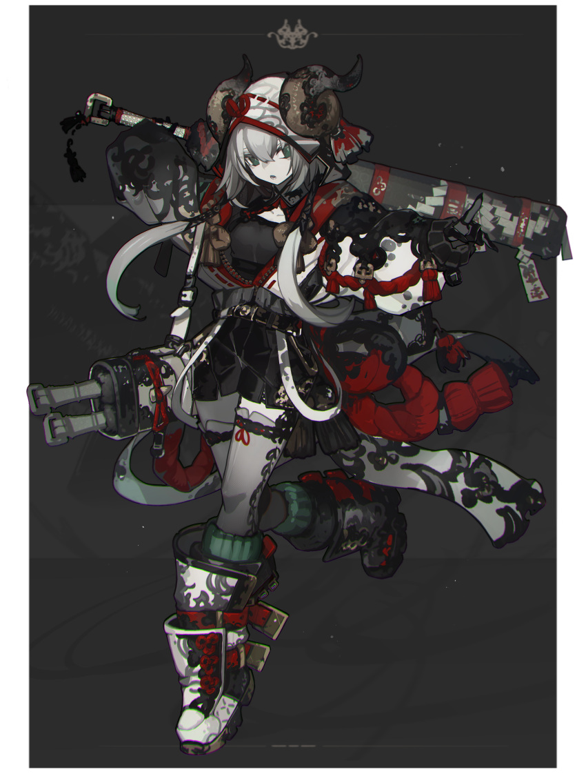 1girl absurdres bangs black_shirt black_shorts boots club_(weapon) full_body green_eyes grey_background grey_hair grey_thighhighs highres holding holding_weapon horns jacket kanabou long_sleeves open_mouth original puffy_sleeves shiba_(s_hi_ba_) shirt short_hair_with_long_locks shorts solo thigh-highs weapon white_jacket