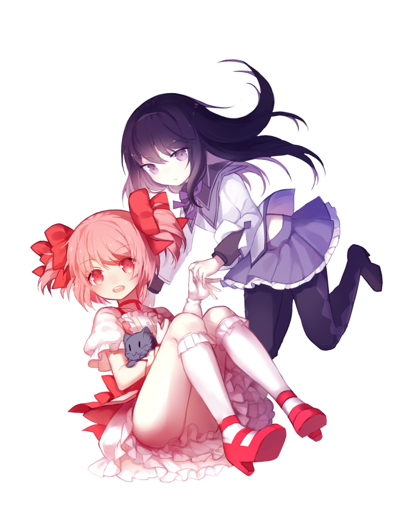 2girls akemi_homura animal bangs black_footwear black_leggings blush bow cat closed_mouth collar cuivre diamond_(shape) dress frilled_dress frilled_kneehighs frilled_skirt frilled_sleeves frills grey_cat hair_bow high_heels highres holding holding_animal holding_cat holding_hands kaname_madoka kneehighs leggings long_hair long_sleeves looking_ahead mahou_shoujo_madoka_magica midriff_peek multiple_girls necktie open_mouth puffy_short_sleeves puffy_sleeves purple_necktie purple_sailor_collar purple_skirt red_bow red_collar red_eyes red_footwear sailor_collar shirt short_hair short_sleeves simple_background sitting skirt socks teeth thighs twintails violet_eyes white_background white_dress white_shirt