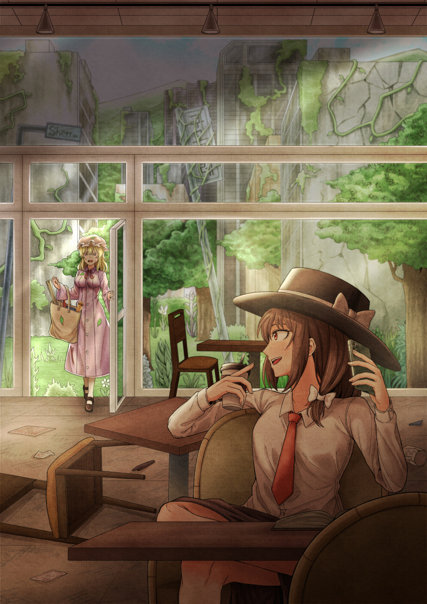 2girls absurdres bag black_skirt blonde_hair breasts brown_hair building cellphone chair coat ddok fedora hat highres large_breasts maribel_hearn mary_janes mob_cap multiple_girls necktie overgrown phone pink_coat round_table ruins shirt shoes sitting skirt small_breasts smartphone touhou usami_renko white_shirt