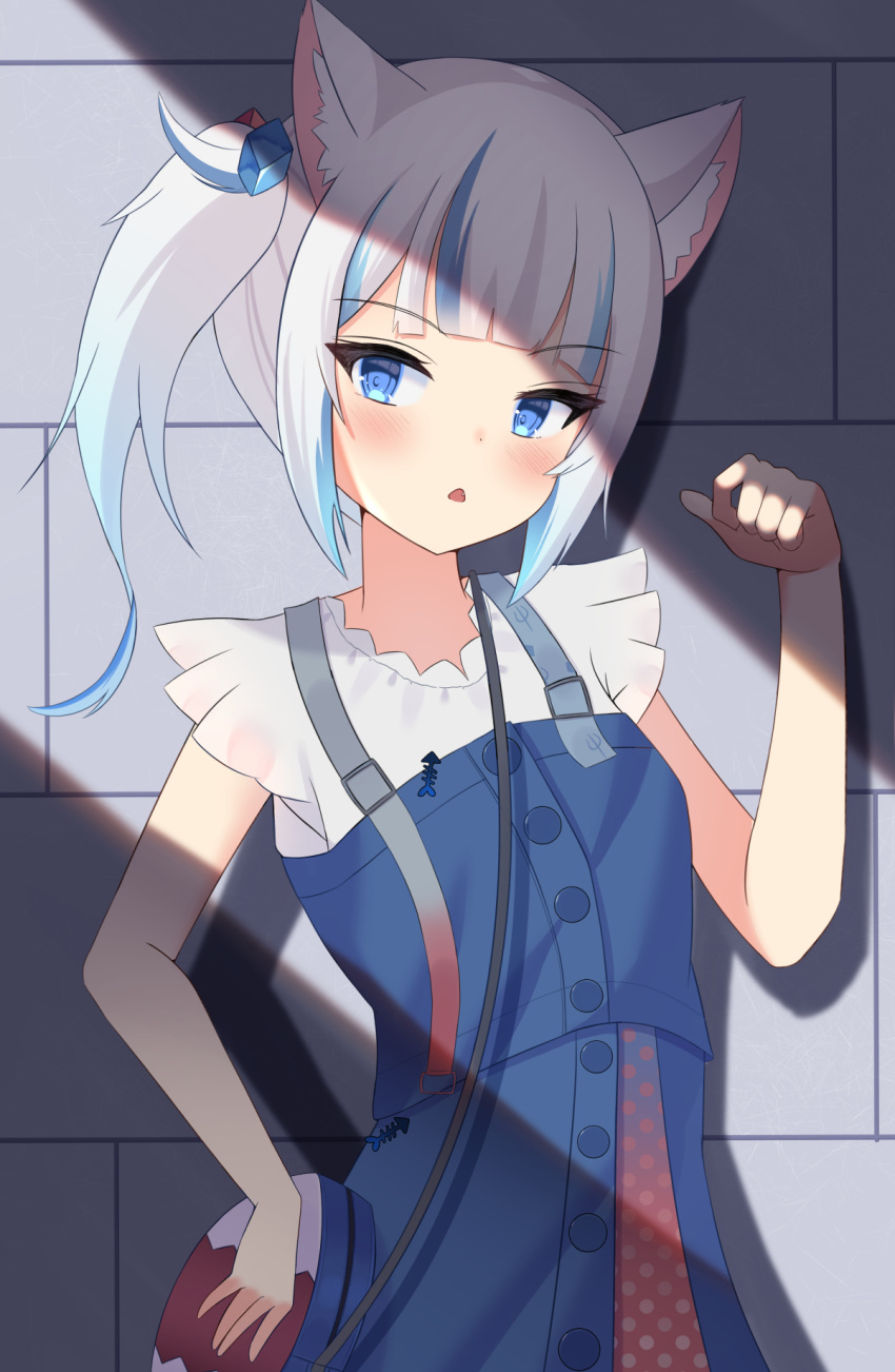 1girl :&lt; animal_ear_fluff animal_ears bag bangs bare_arms blue_eyes blue_hair blue_skirt blue_tail blunt_bangs blush buttons cat_ears commentary fang fish_bone fish_tail frilled_sleeves frills gawr_gura grey_background hair_cubes hair_ornament hand_up handbag highres hololive hololive_english kawaiipony2 looking_to_the_side medium_hair miniskirt multicolored_hair open_hand open_mouth paw_pose shadow shark_girl shark_tail shirt short_sleeves side_ponytail sidelocks sideways_glance skirt standing streaked_hair suspender_skirt suspenders tail tail_raised trident_print upper_body virtual_youtuber wall white_hair white_shirt