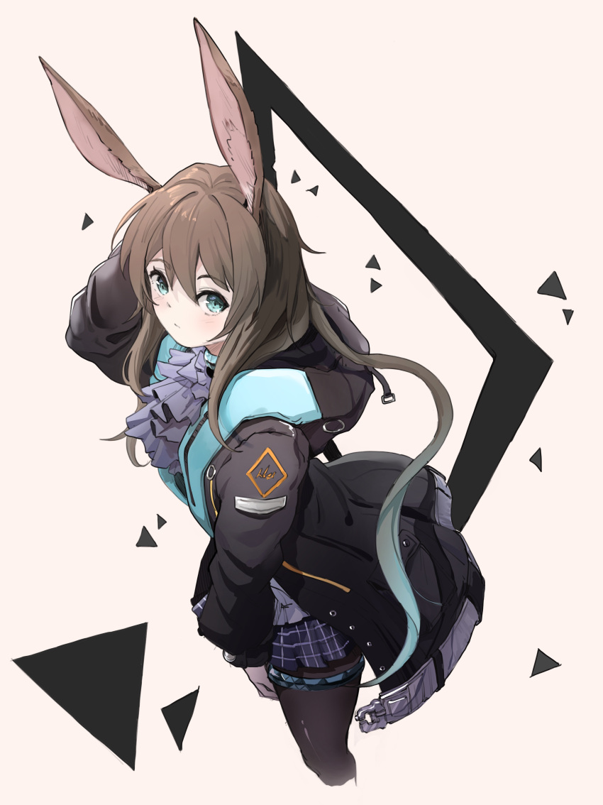 1girl absurdres amiya_(arknights) animal_ears arknights arm_up ascot black_legwear black_sleeves brown_hair commentary_request cowboy_shot dot_mouth dot_nose frilled_skirt frills green_eyes hair_between_eyes highres hood hood_down jacket jeon_(user_ywaw3774) long_hair looking_at_viewer looking_up plaid plaid_skirt rabbit_ears rabbit_girl simple_background skirt solo white_background