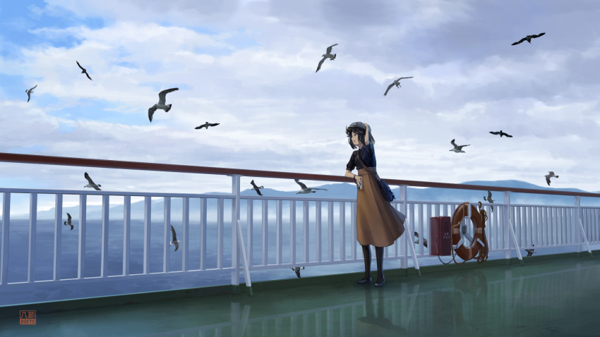 1girl 8sets bird black_eyes black_hair black_shirt brown_skirt clouds cloudy_sky commentary_request grey_headwear hat highres lifebuoy long_skirt mountain ocean original outdoors railing reflection scenery ship shirt short_hair short_sleeves skirt sky solo watercraft