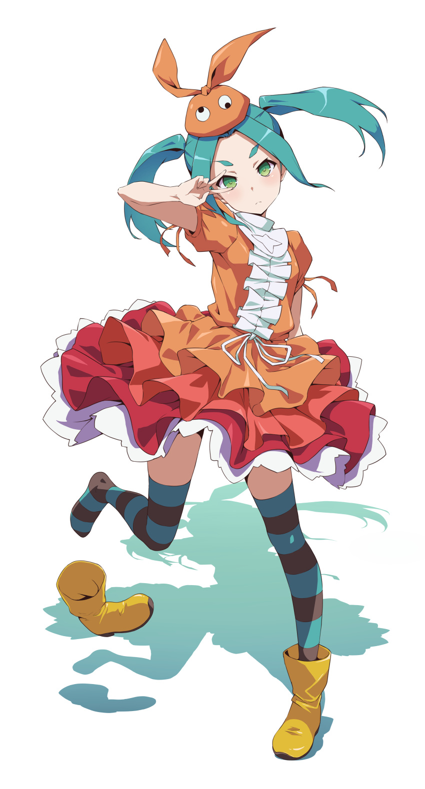1girl absurdres ankle_boots aqua_hair asanaya bakemonogatari boot_removed boots closed_mouth commentary dress expressionless facing_viewer frilled_dress frills full_body green_eyes highres horizontal_stripes monogatari_(series) official_style ononoki_yotsugi orange_dress pose puffy_short_sleeves puffy_sleeves rubber_boots shadow short_sleeves simple_background single_boot solo striped striped_legwear thick_eyebrows v v_over_eye white_background yellow_footwear