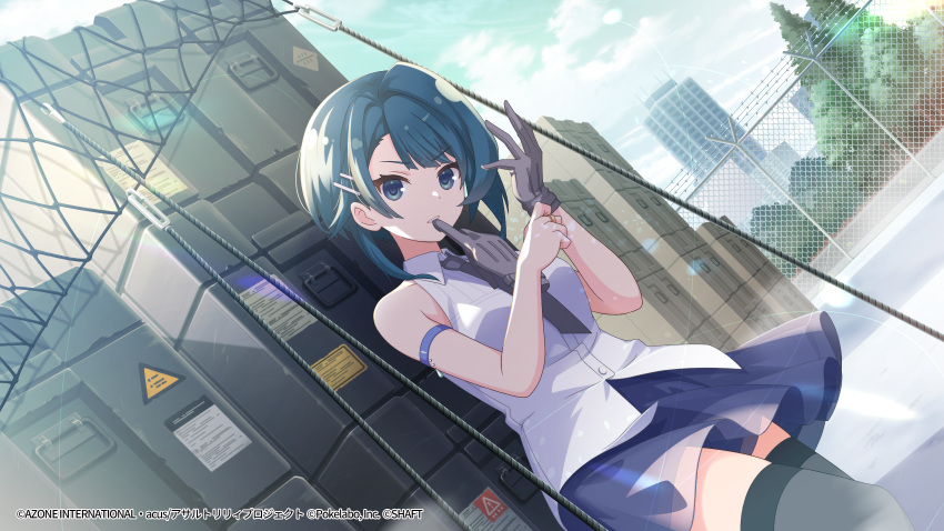 1girl adjusting_clothes adjusting_gloves against_wall aizawa_kazuha arm_strap artist_request assault_lily asymmetrical_hair bangs bare_shoulders black_thighhighs blue_eyes blue_hair blue_skirt blunt_bangs box box_stack breasts building buttons cargo_net chain-link_fence clenched_teeth clouds cloudy_sky collared_shirt cowboy_shot day dutch_angle fence glove_in_mouth gloves grey_gloves grey_necktie hair_behind_ear hair_ornament hairclip hands_up highres jewelry leg_up lens_flare looking_at_viewer medium_breasts miniskirt mouth_hold necktie net official_alternate_costume official_art outdoors parted_lips ring rope shiny shiny_hair shirt short_hair single_glove skirt sky sleeveless sleeveless_shirt solo standing teeth thigh-highs v-shaped_eyebrows watermark webp-to-png_conversion white_shirt zettai_ryouiki