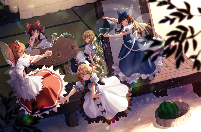 5girls :d absurdres apron arm_support back_bow bangs black_bow black_skirt blonde_hair blue_bow blue_skirt blue_vest blunt_bangs blush bonnet bow bowtie braid branch brown_hair bucket closed_eyes commentary_request dress dress_bow drill_hair fairy_wings fang food frilled_apron frilled_bow frilled_hair_tubes frilled_skirt frilled_sleeves frills fruit hair_bow hair_tubes hakurei_reimu hand_on_own_face headdress highres holding holding_bucket kirisame_marisa lens_flare light_particles light_rays long_hair looking_at_another looking_at_viewer luna_child medium_hair multiple_girls nettian51 no_hat no_headwear open_mouth orange_hair outdoors own_hands_together porch puffy_short_sleeves puffy_sleeves red_bow red_eyes red_skirt red_vest shirt short_sleeves single_braid sitting skirt smile splashing star_sapphire straight_hair sunny_milk sweatdrop table tatami touhou two_side_up vest waist_apron water watermelon wavy_mouth white_bow white_dress white_headwear white_shirt white_sleeves wings yellow_eyes