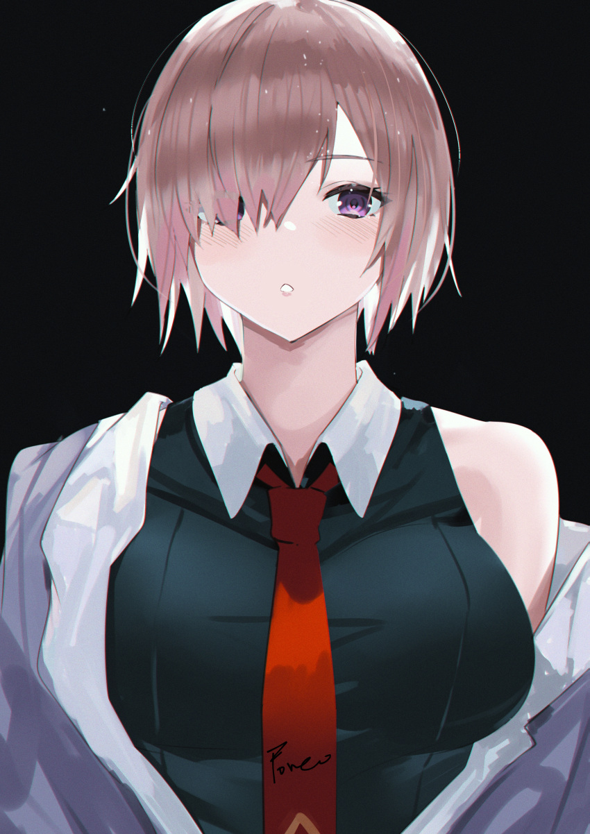 1girl absurdres bangs black_background black_shirt blush breasts commentary_request fate/grand_order fate_(series) hair_over_one_eye highres jacket large_breasts light_purple_hair looking_at_viewer mash_kyrielight necktie purple_hair red_necktie shirt short_hair signature simple_background sleeveless sleeveless_shirt solo swept_bangs upper_body violet_eyes white_jacket yougashi