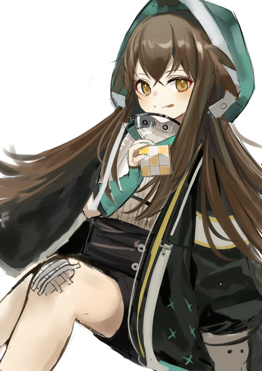 1girl :q arknights azuazu_0405 bandage_on_knee black_jacket black_skirt brown_eyes brown_hair dutch_angle feather_hair green_nails highres holding_cube hood hood_up jacket kafka_(arknights) licking_lips long_sleeves open_clothes open_jacket rubik's_cube shirt sidelocks simple_background sitting skirt smile solo split_mouth tongue tongue_out white_background white_shirt