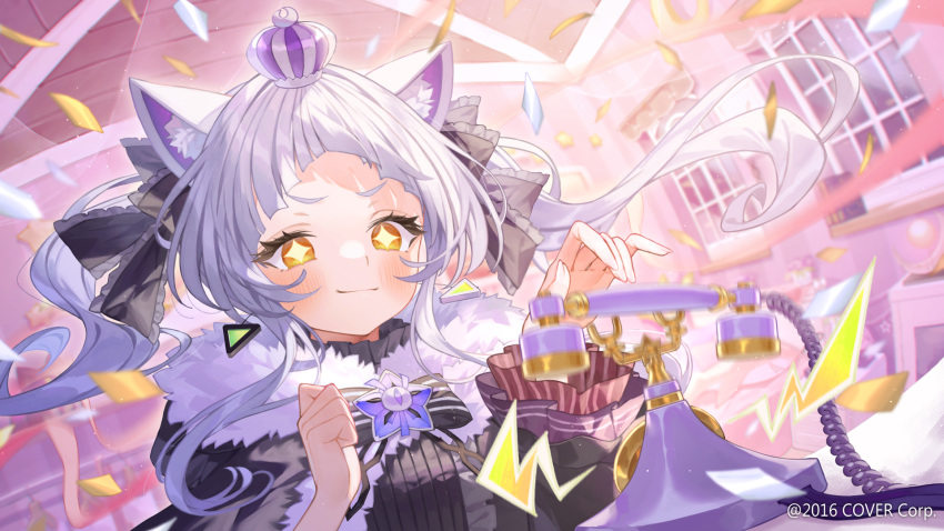 +_+ 1girl animal_ear_fluff animal_ears black_capelet black_ribbon blush capelet cat_ears closed_mouth confetti corded_phone crown floating_hair fur-trimmed_capelet fur_trim grey_hair hair_ribbon hands_up highres hololive indoors long_hair long_sleeves mini_crown murasaki_shion official_art phone ribbon rin31153336 sidelocks solo twintails virtual_youtuber yellow_eyes