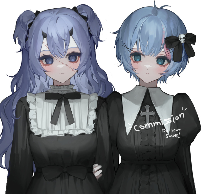 2girls :3 absurdres antenna_hair bamme_o3o black_bow black_horns blue_eyes blue_hair blush bow closed_mouth commission cross english_text eyelashes frills gloves grey_background hair_bow hat_ornament highres holding holding_another's_arm horns long_eyelashes long_hair looking_at_another looking_at_viewer multicolored_hair multiple_girls original pink_hair scar scar_on_face short_hair simple_background skull_hat_ornament smile stitches streaked_hair twintails white_gloves