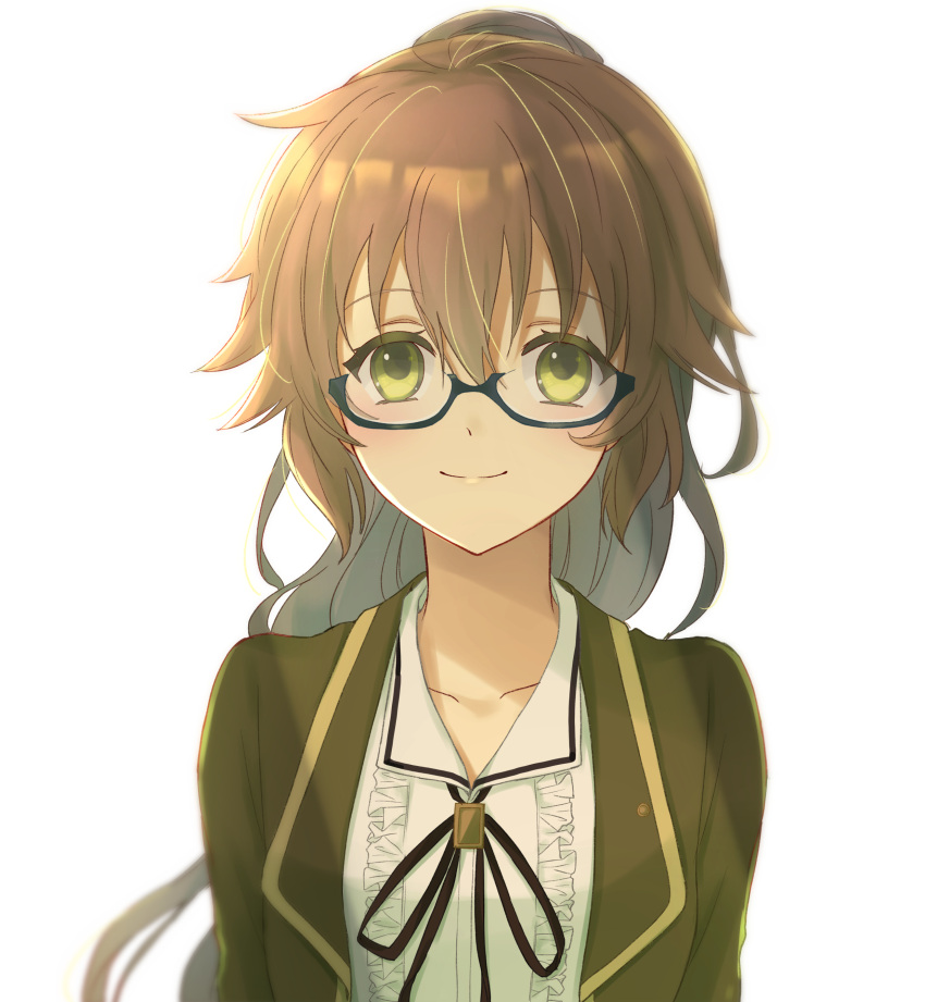 1girl absurdres aono_(aonocrotowa) bangs black-framed_eyewear black_ribbon brown_hair brown_jacket center_frills closed_mouth collarbone collared_shirt commentary_request frills glasses green_eyes hair_between_eyes highres jacket long_hair looking_at_viewer neck_ribbon open_clothes open_jacket original ponytail ribbon semi-rimless_eyewear shirt simple_background smile solo under-rim_eyewear upper_body very_long_hair white_background white_shirt
