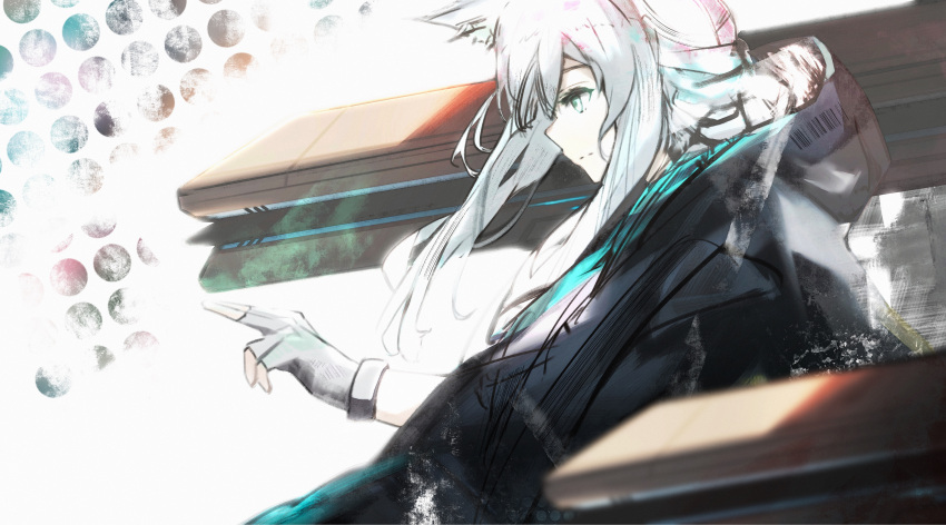1girl absurdres animal_ears arknights black_cape cape cat_ears cat_girl fingerless_gloves floating floating_object floating_weapon from_side gloves green_eyes grey_hair hand_up highres hood hood_down hooded_cape l.v.c. long_hair profile rosmontis_(arknights) sidelocks simple_background sketch solo white_background white_gloves