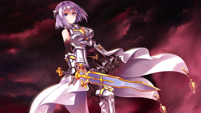 1girl armor armored_boots bangs black_gloves black_skirt black_sleeves blue_eyes boobplate boots breasts closed_mouth clouds cloudy_sky detached_sleeves elbow_gloves faulds fingerless_gloves flare_(senkou_no_clarias) game_cg gloves hair_intakes holding holding_sword holding_weapon layered_skirt long_sleeves medium_breasts medium_hair miniskirt pleated_skirt senkou_no_clarias shiny shiny_hair skirt sky solo standing suzuhira_hiro sword waist_cape weapon white_hair