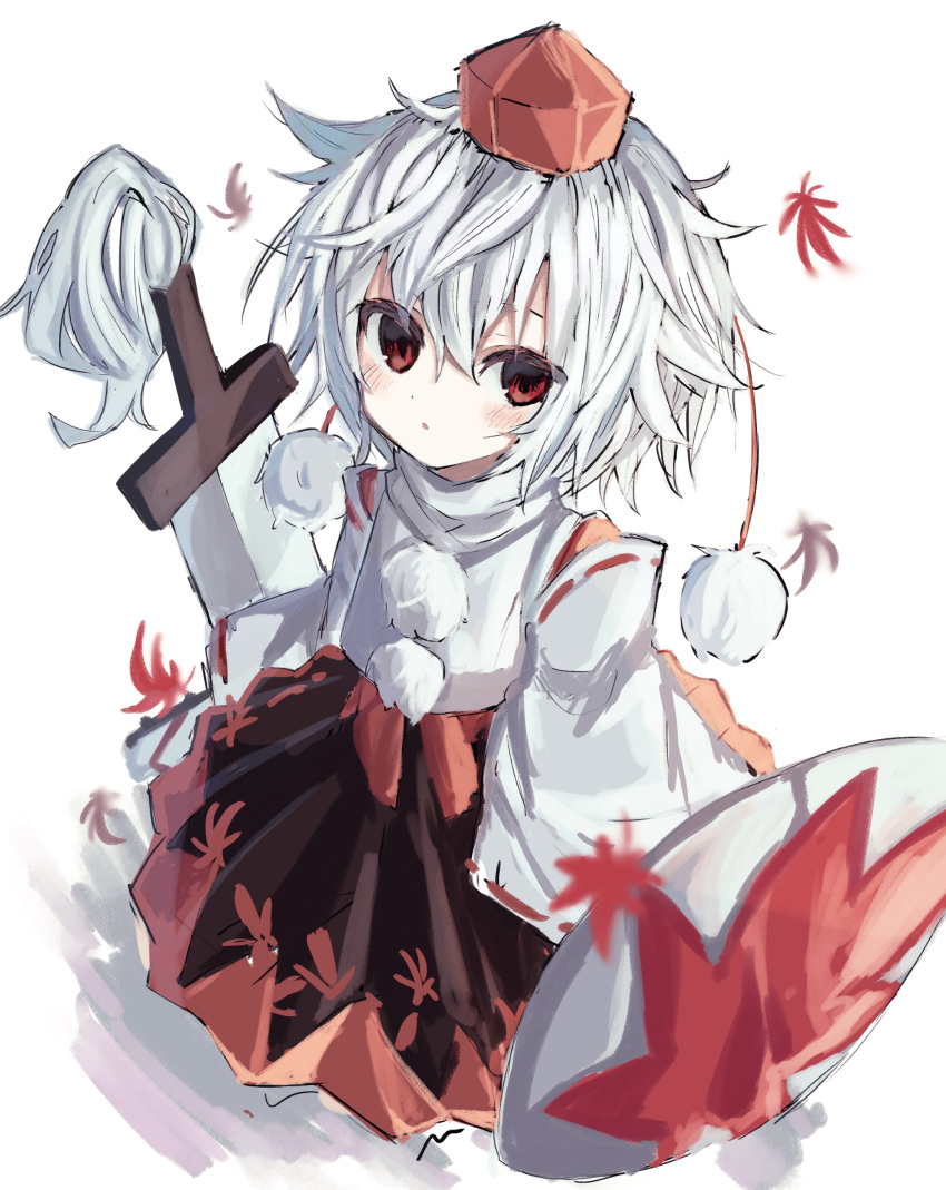 1girl :o absurdres animal_ears bangs bare_shoulders black_skirt highres holding holding_shield inubashiri_momiji leaf looking_at_viewer maple_leaf omoitukanee open_mouth red_eyes shield shirt short_hair simple_background skirt sleeveless sleeveless_shirt solo sword touhou weapon white_shirt white_sleeves wolf_ears wolf_girl