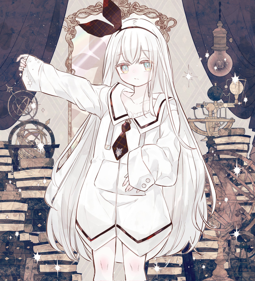 1girl :/ arm_up bangs black_bow black_necktie blue_eyes book bow buttons collarbone crossed_bangs curtains dress globe gold_trim gradient_eyes gyroscope hair_bow highres inuyama_riko knees light_bulb long_hair looking_at_viewer mirror multicolored_eyes necktie original pile_of_books solo sparkle standing striped striped_dress white_dress white_hair yellow_eyes