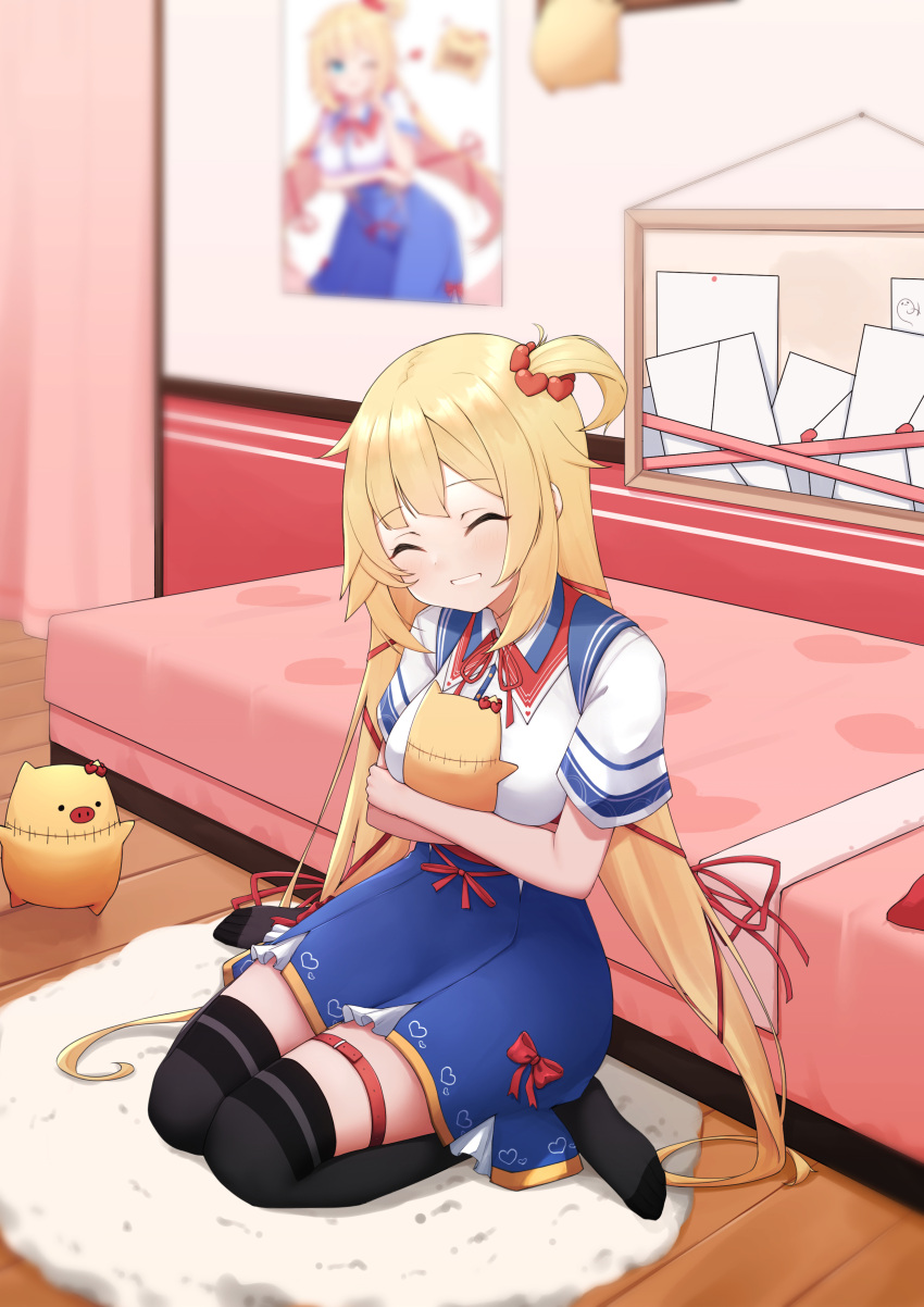 1girl absurdres akai_haato anhun bangs bed bedroom blonde_hair blurry carpet closed_eyes commentary depth_of_field haaton_(akai_haato) hair_ornament hair_ribbon heart heart_hair_ornament highres hololive letter long_hair poster_(object) pov ribbon seiza sitting smile solo thigh-highs virtual_youtuber